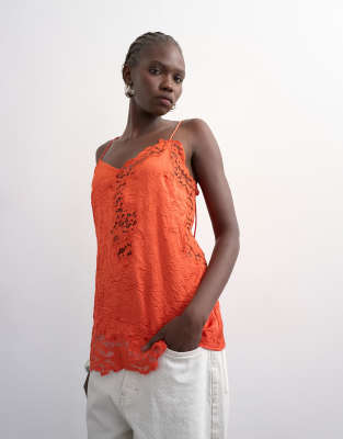 Topshop Crinkle Satin Top With Lace Inserts In Orange
