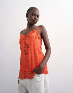 Crinkle satin top with lace inserts in rust