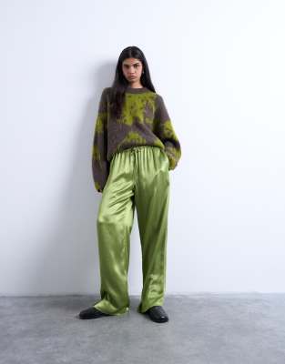crinkle satin wide leg pants in bright green