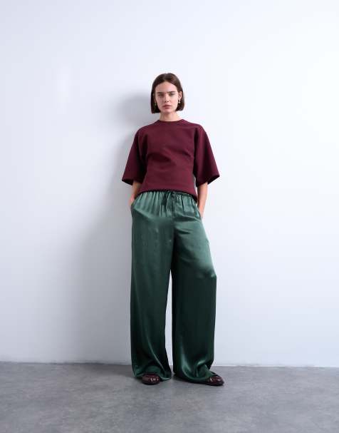 Topshop crinkle satin wide leg pants in green - view 1