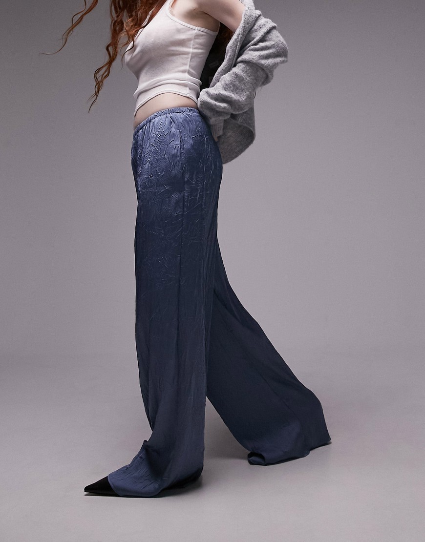 Topshop Crinkle Satin Wide Leg Pull On Pants In Air Force Blue