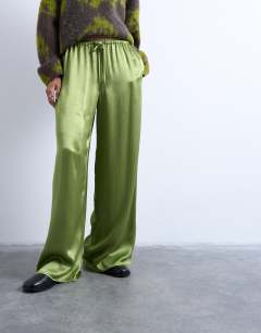 Model wearing Crinkle satin wide leg trouser in bright green
