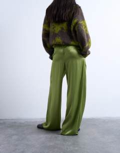 Model wearing Crinkle satin wide leg trouser in bright green