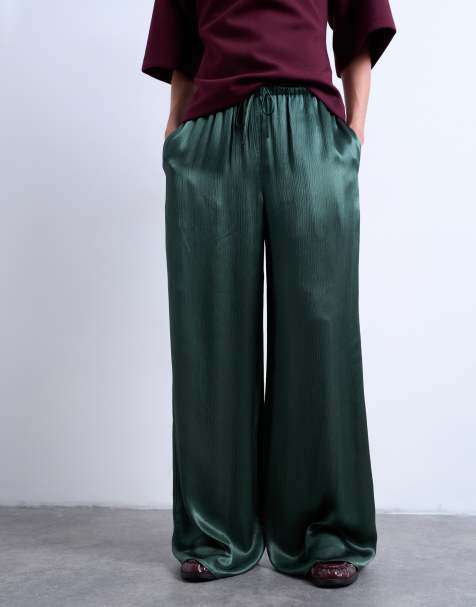 Topshop crinkle satin wide leg trouser in green - view 1