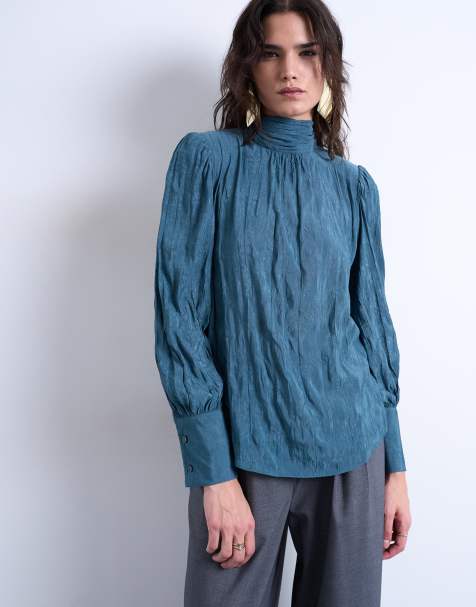 Topshop crinkle scarf blouse in blue - view 1