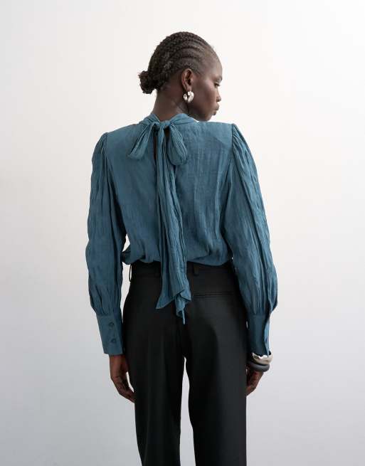 Topshop crinkle scarf blouse in blue, 3 of 4