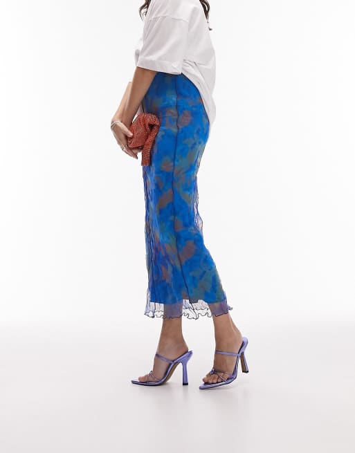 Topshop crinkle seamed abstract print midi skirt in blue , 2 of 4