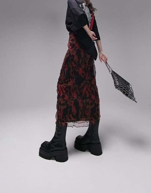 Topshop crinkle seamed abstracted print midi skirt in red