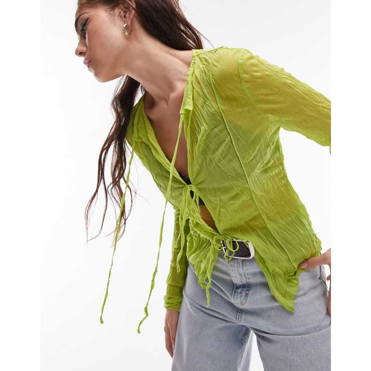 Topshop crinkle sheer tie front long sleeve top in green | ASOS