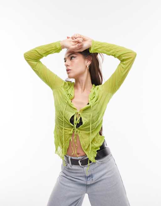 Topshop crinkle sheer tie front long sleeve top in green | ASOS