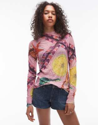 Topshop Crinkle Shell Print Long Sleeve Top In Multi In Pink