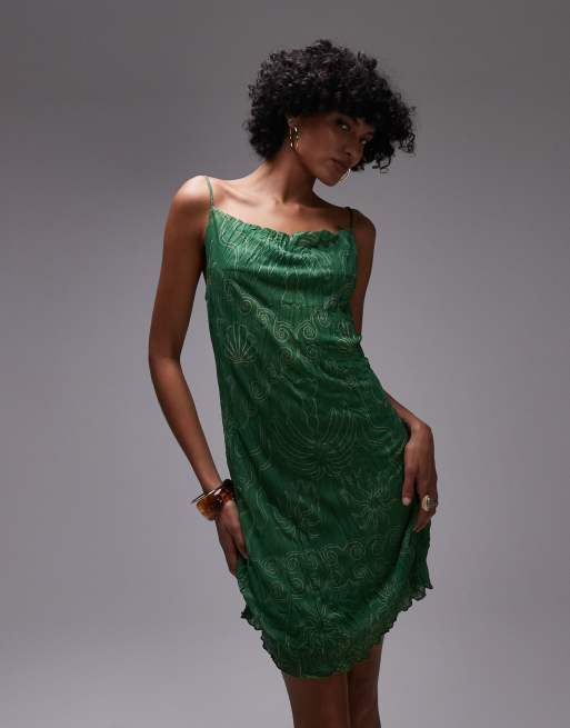 Topshop crinkle shell print mini dress in green