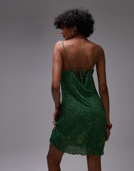 Topshop crinkle shell print mini dress in green
