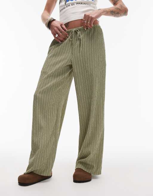 Topshop crinkle stripe tie waist low rise wide leg trouser in green