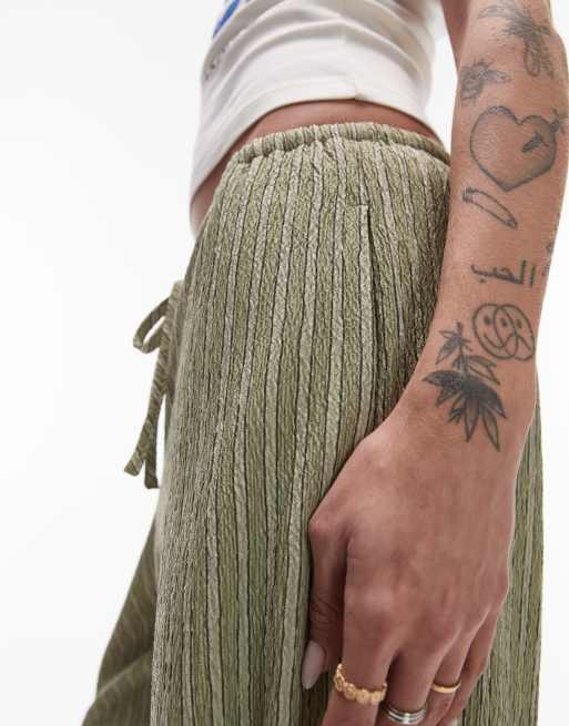 Topshop crinkle stripe tie waist low rise wide leg trouser in green