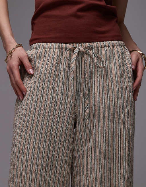 Topshop crinkle stripe tie waist low rise wide leg pants in orange, 3 of 5