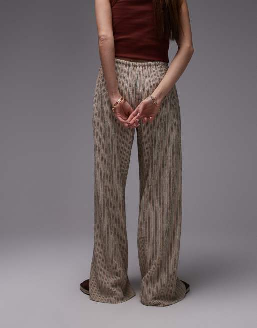 Topshop crinkle stripe tie waist low rise wide leg pants in orange, 4 of 5