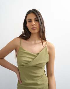 Crinkle texture fold over cami top in olive