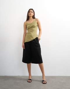 Model wearing Crinkle texture fold over cami top in olive