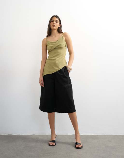 Topshop crinkle texture fold over cami top in olive, 2 of 4