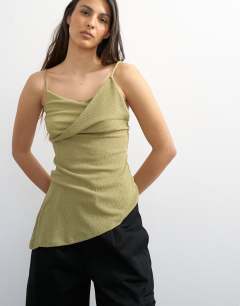 Model wearing Crinkle texture fold over cami top in olive