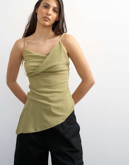 Topshop crinkle texture fold over cami top in olive, 3 of 4