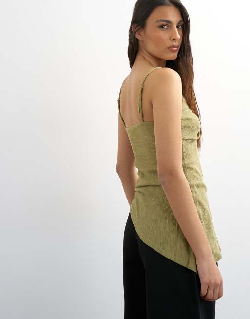 Topshop crinkle texture fold over cami top in olive, 4 of 4