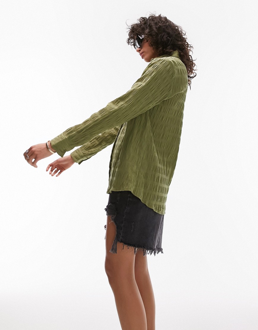 Topshop crinkle textured pocket shirt in olive-Green