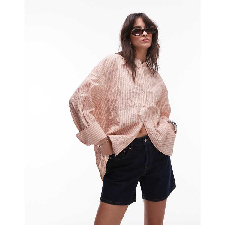 Topshop crinkle textured shirt in peach and brown stripe | ASOS