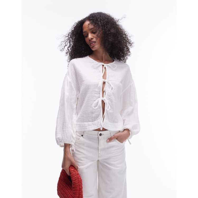 Topshop crinkle tie front blouse in white | ASOS