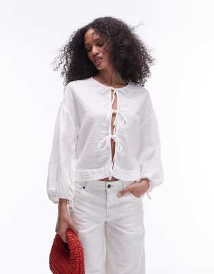 Topshop Crinkle Tie Front Blouse In White Asos