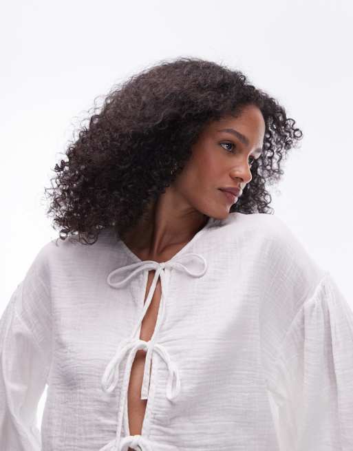Topshop crinkle tie front blouse in white | ASOS