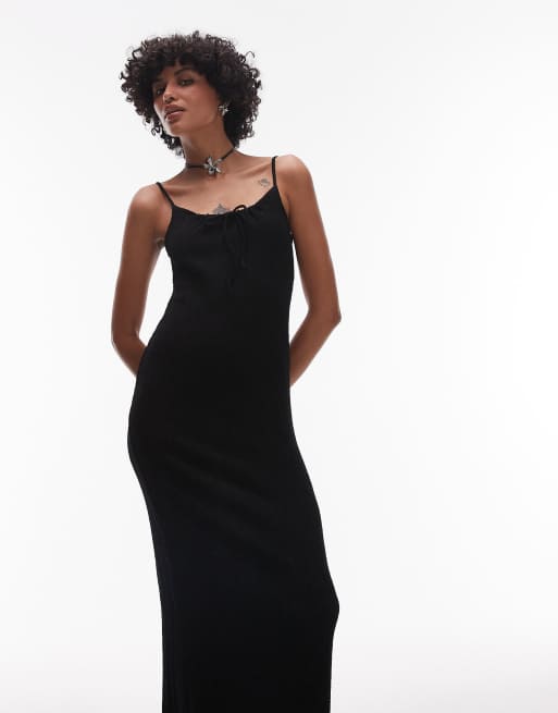 Topshop crinkle tie front cami maxi dress in black, 3 of 4