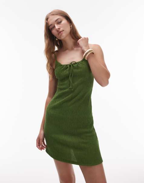 Topshop crinkle tie front cami mini dress in khaki - view 1