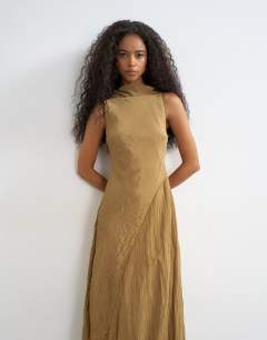Model wearing Crinkle tuck side twist shoulder bubble hem maxi dress in camel
