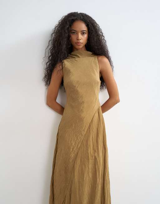 Topshop crinkle tuck side twist shoulder bubble hem maxi dress in camel, 2 of 4