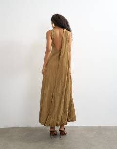 Model wearing Crinkle tuck side twist shoulder bubble hem maxi dress in camel
