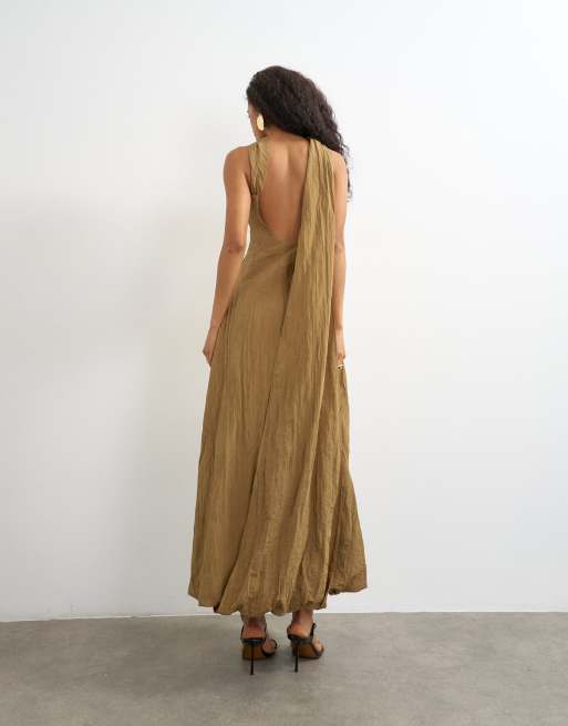 Topshop crinkle tuck side twist shoulder bubble hem maxi dress in camel, 4 of 4
