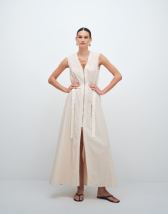 Topshop crinkle v neck zip front utility maxi dress in ecru