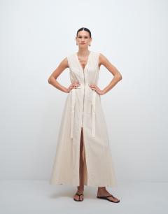 Crinkle v neck zip front utility maxi dress in ecru