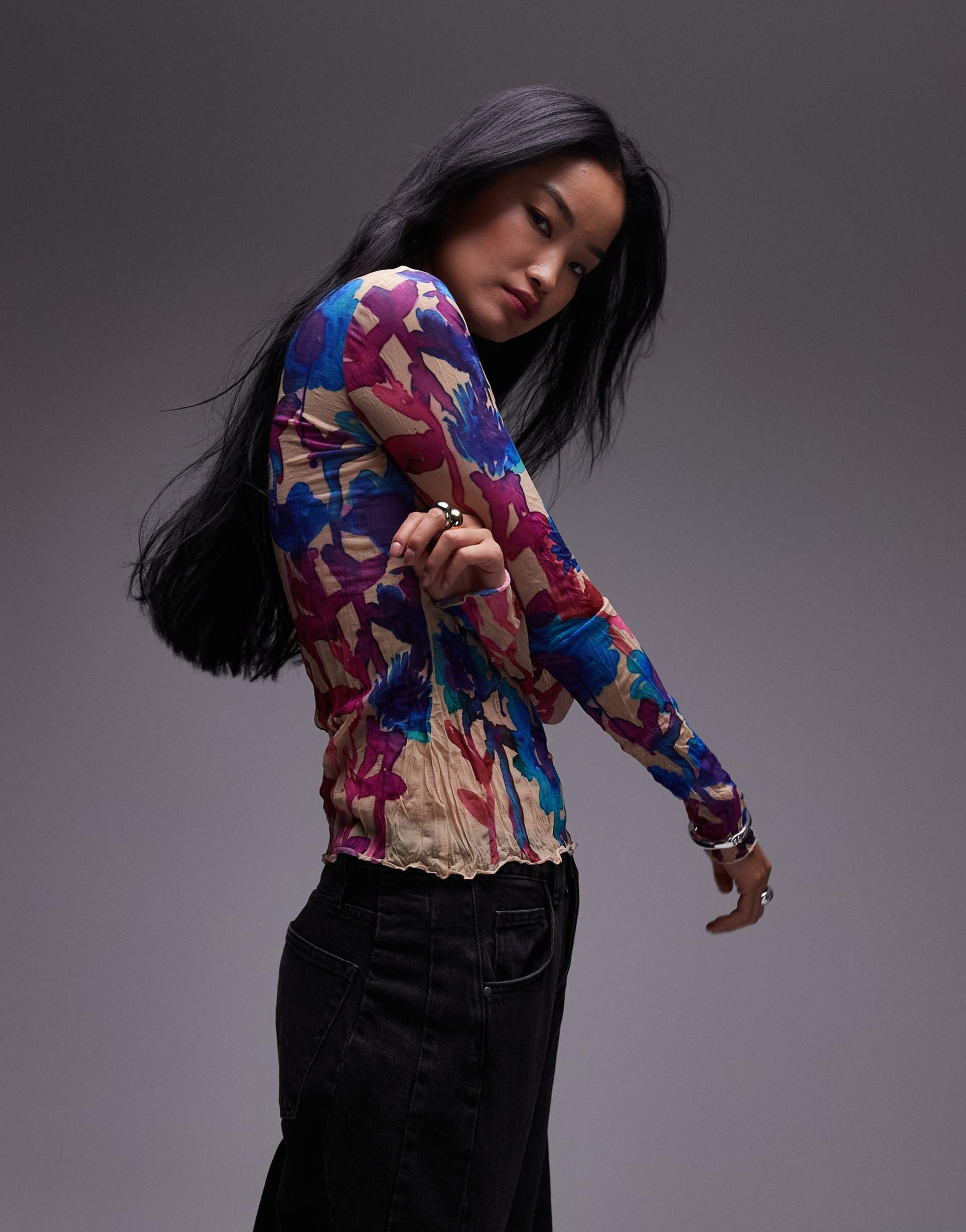 topshop crinkle watercolor floral long sleeve top in multi