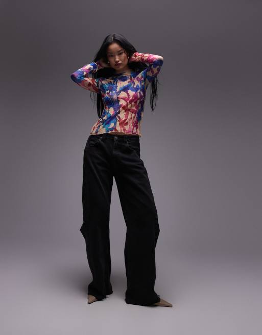 Topshop  crinkle watercolour floral long sleeve top in multi