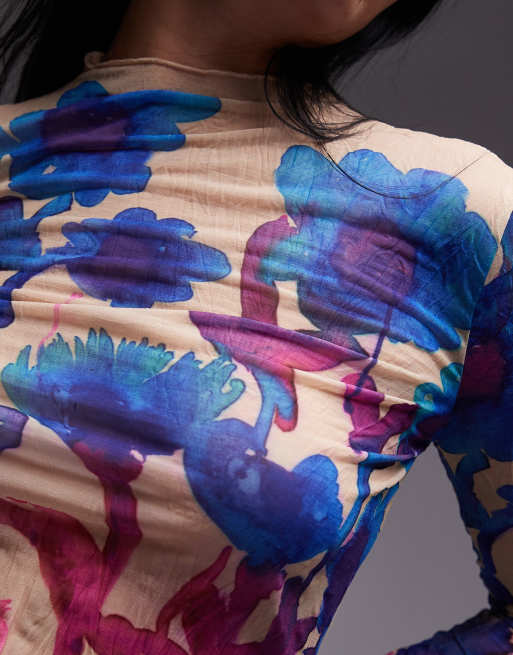 Topshop  crinkle watercolour floral long sleeve top in multi
