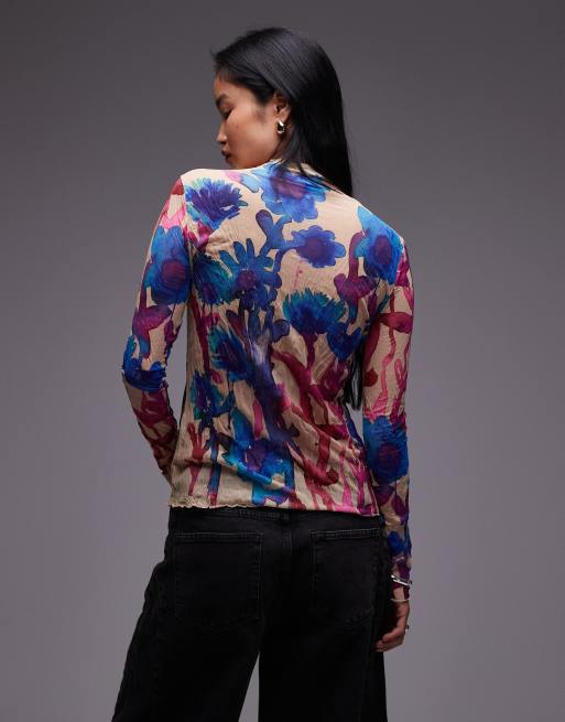Topshop  crinkle watercolour floral long sleeve top in multi