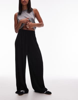 Topshop Crinkle Wide Leg Pants In Black