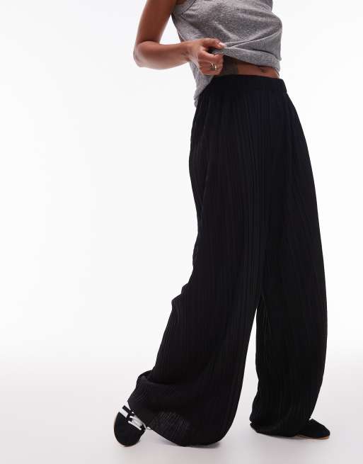 Topshop crinkle wide leg pants in black | ASOS