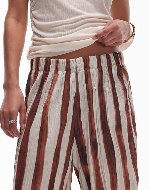 Topshop crinkle wide leg pants in brown stripes, 4 of 5
