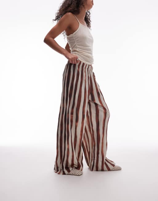 Topshop crinkle wide leg pants in brown stripes, 5 of 5