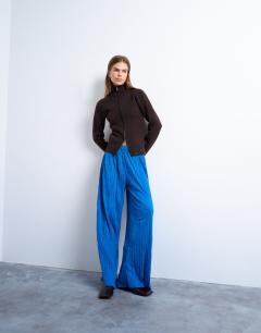 Model wearing Crinkle wide leg trousers in cobalt blue