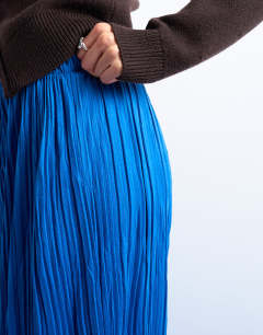Model wearing Crinkle wide leg trousers in cobalt blue
